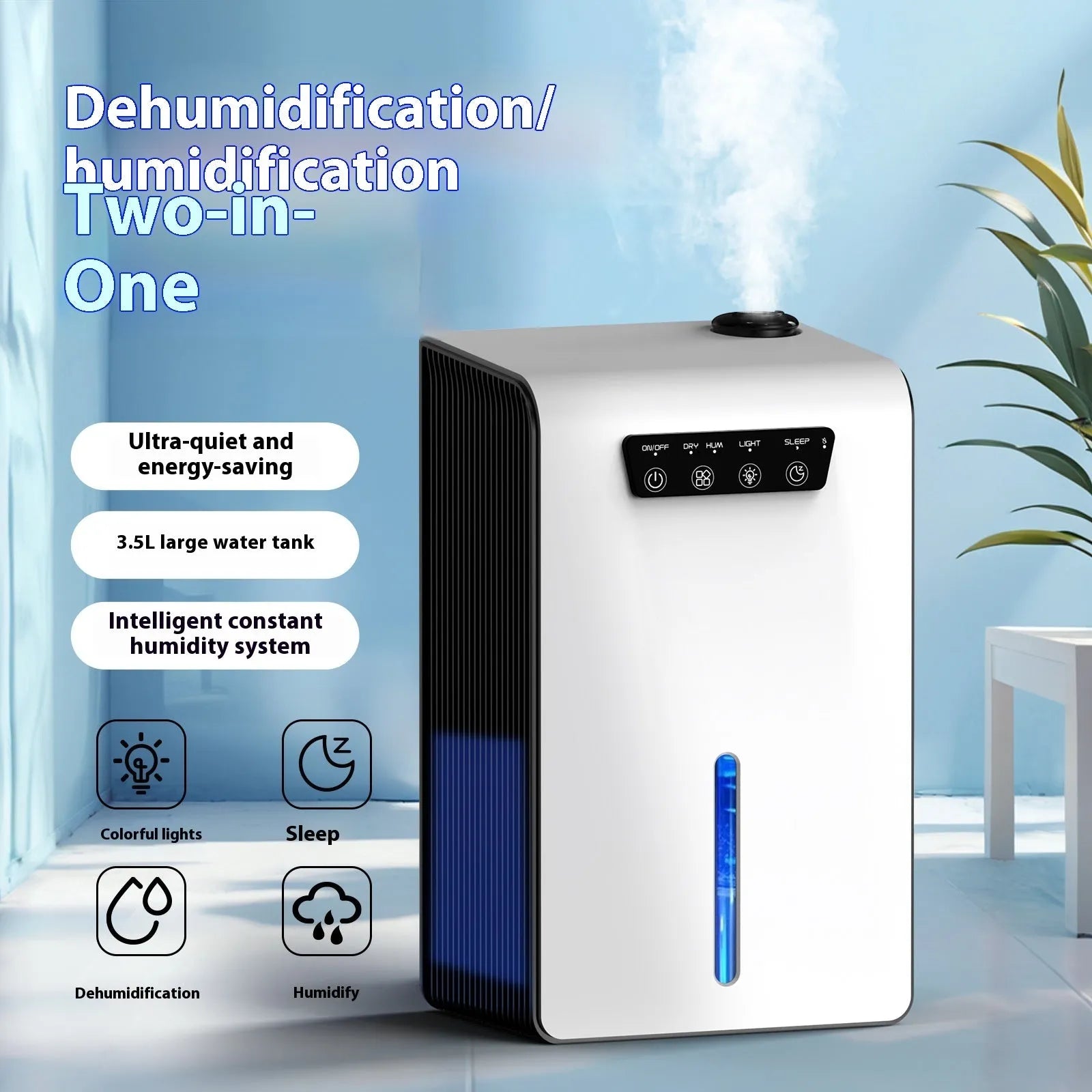 Milky white small dehumidifier for bedrooms with 2.6 litre fluid reservoir capacity