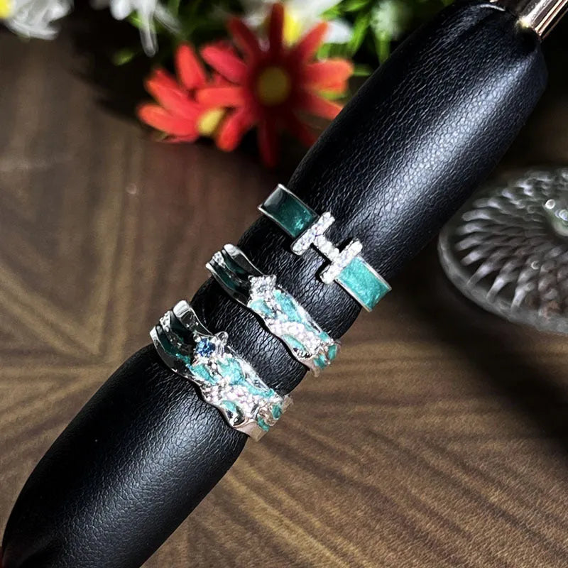 Mint green enamel copper ring with eight-point asterism star pattern and personalised text option