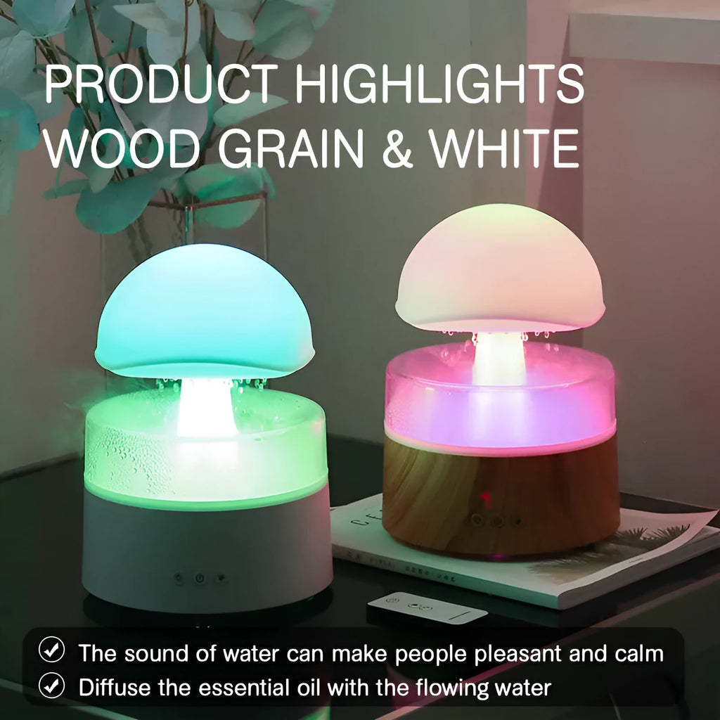 White rain cloud humidifier with falling raindrop effects and LED lighting