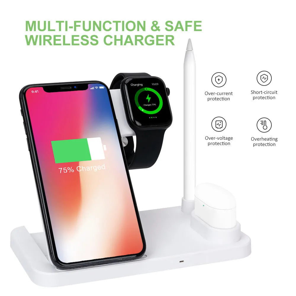 Folding 15W 4-in-1 wireless charger showing compact folded design and multiple device charging capability