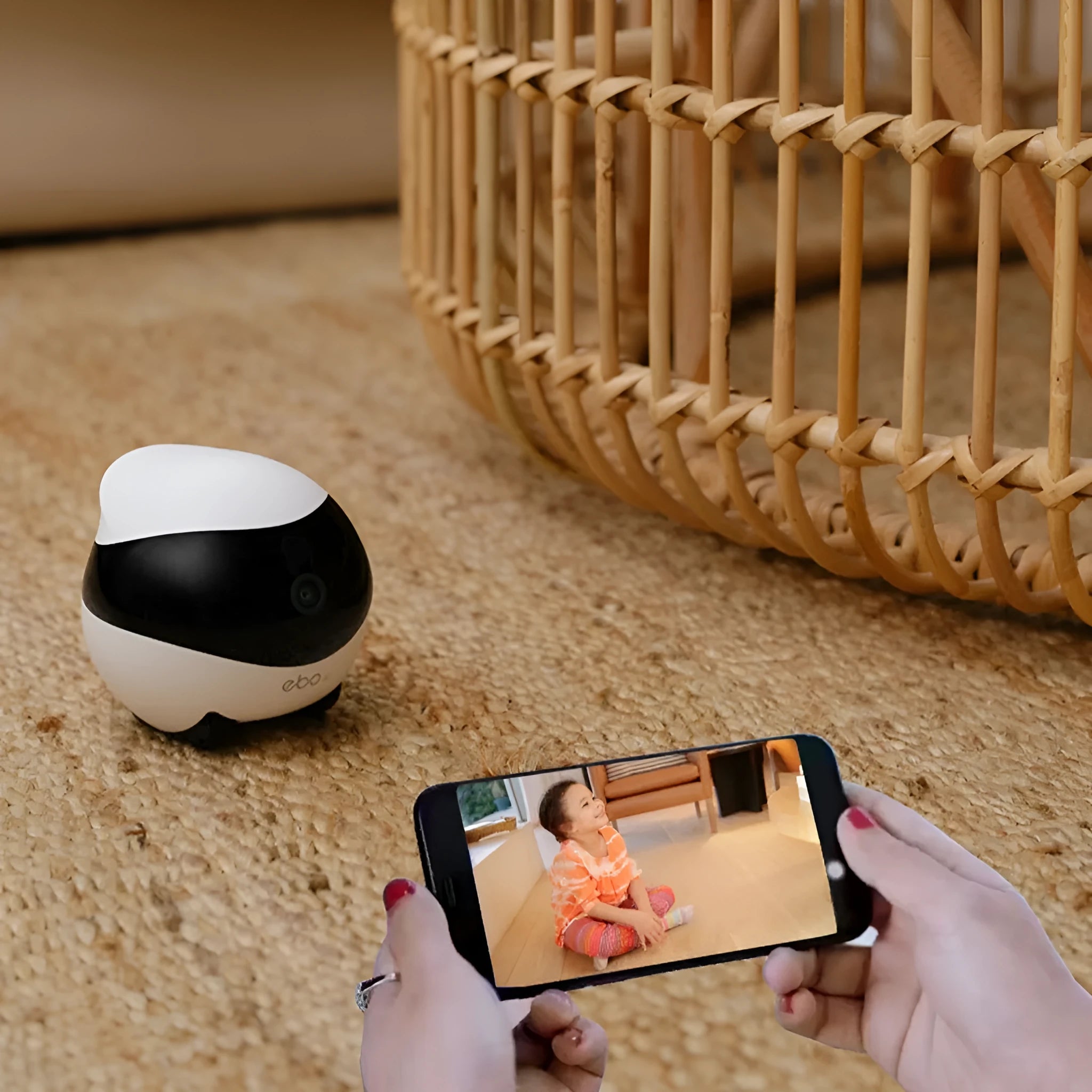 White mobile robot surveillance camera on a charging dock.