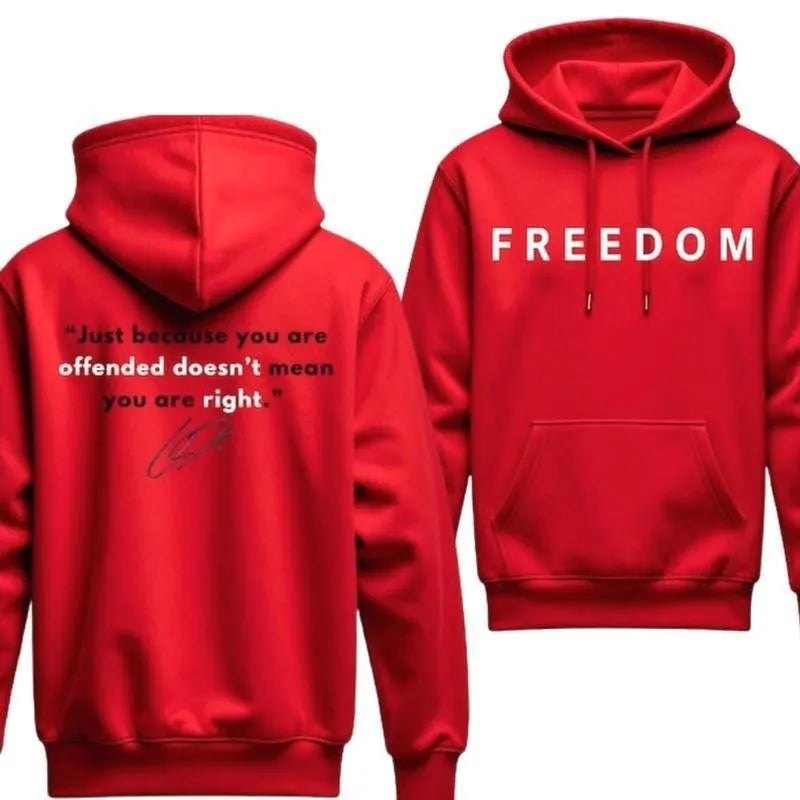 Red men's pullover hooded sweater in polyester fibre with long sleeves on display