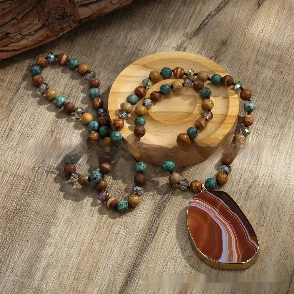 Bohemian handmade necklace with natural stone beads in brown, irregular agate pendant and knotted chain