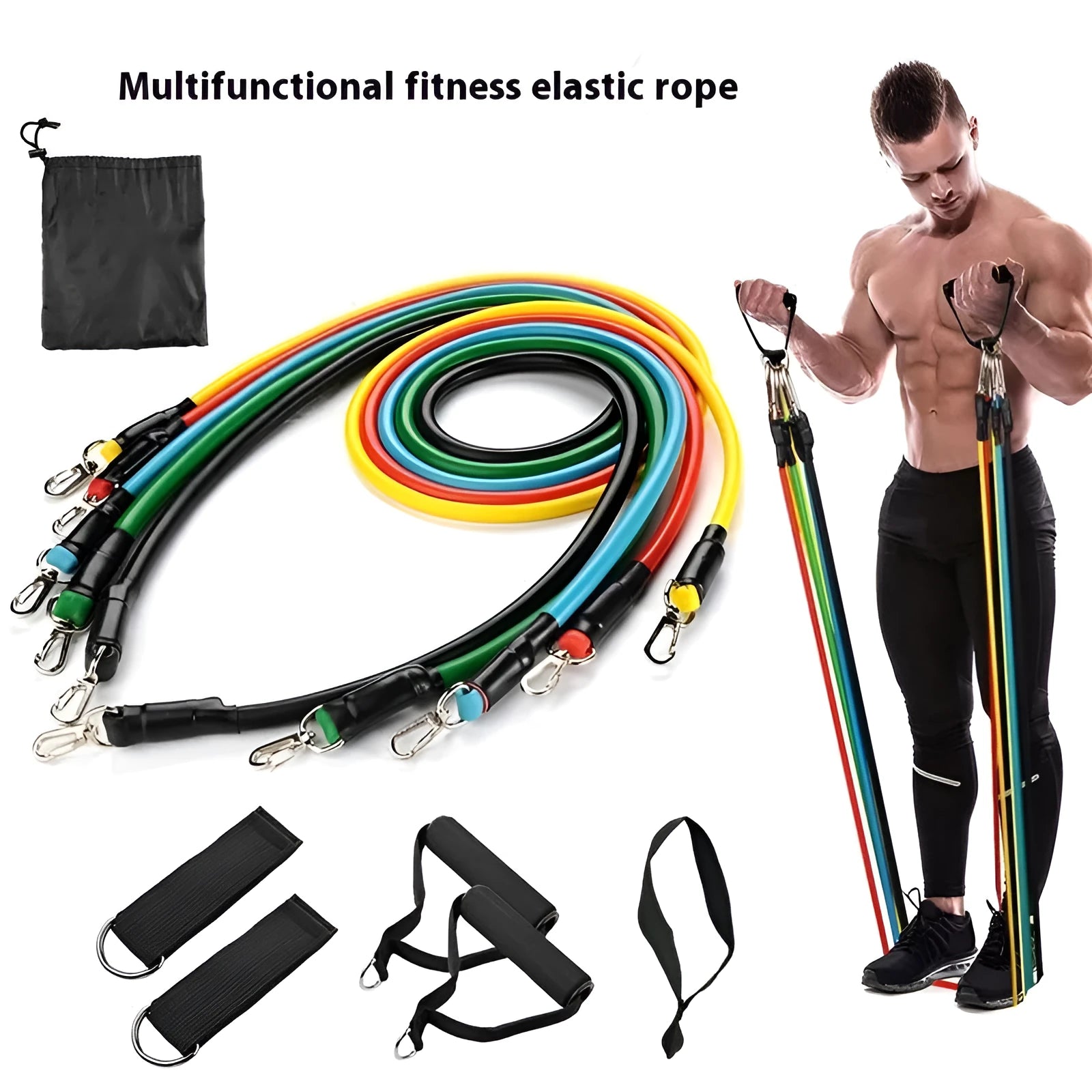 Multi-functional door sports 11-piece set with a combination pulling rope and hook options on a door.