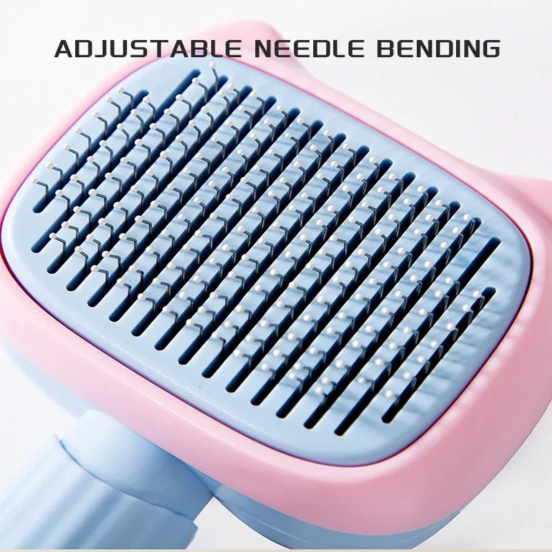 Blue and green double-sided pet grooming brush with deshedding rake and dematting comb
