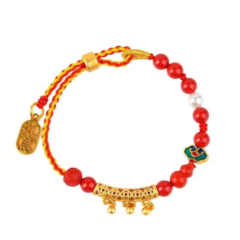 Women's hand-woven cinnabar bracelet with red sand bell design and geometric rope construction
