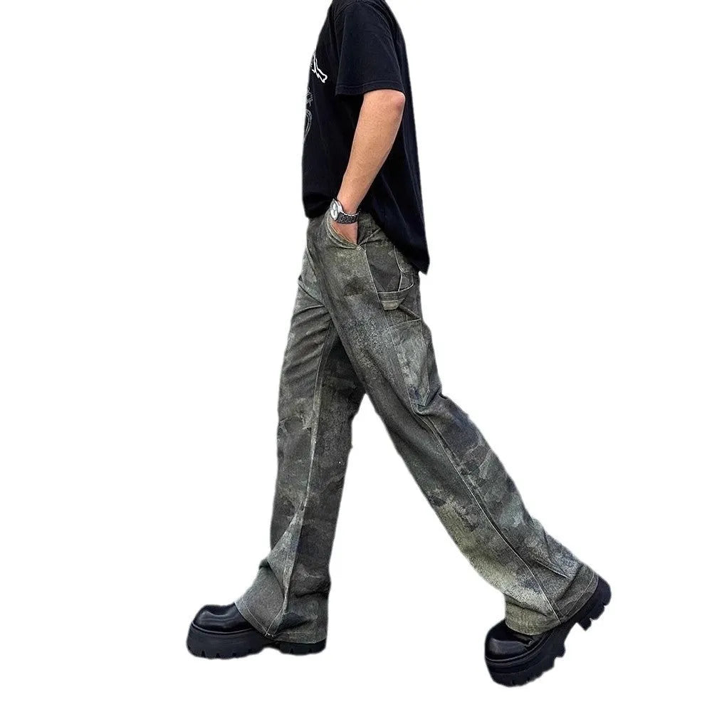 Men's straight-cut camouflage print denim jeans on a white background.