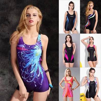 Women's one-piece swimsuit in quick-dry polyester, showing sleeveless conservative style on a mannequin.