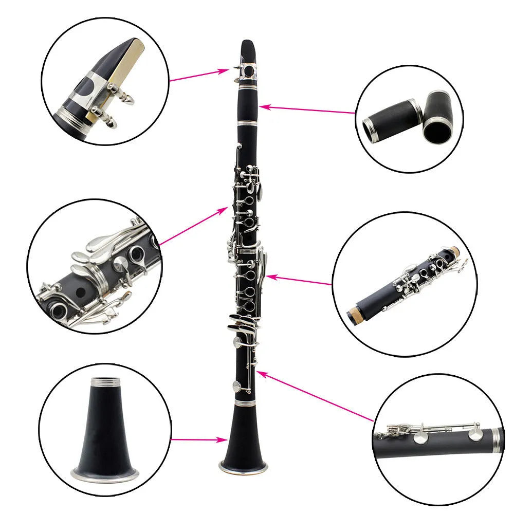 Black Bakelite clarinet with nickel-plated 17-key system for beginner test playing