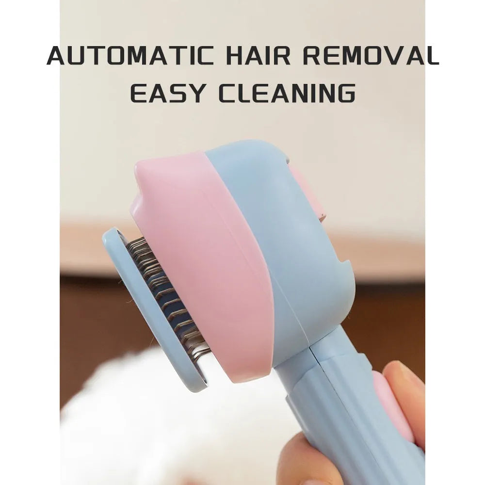 Blue and green double-sided pet grooming brush with deshedding rake and dematting comb
