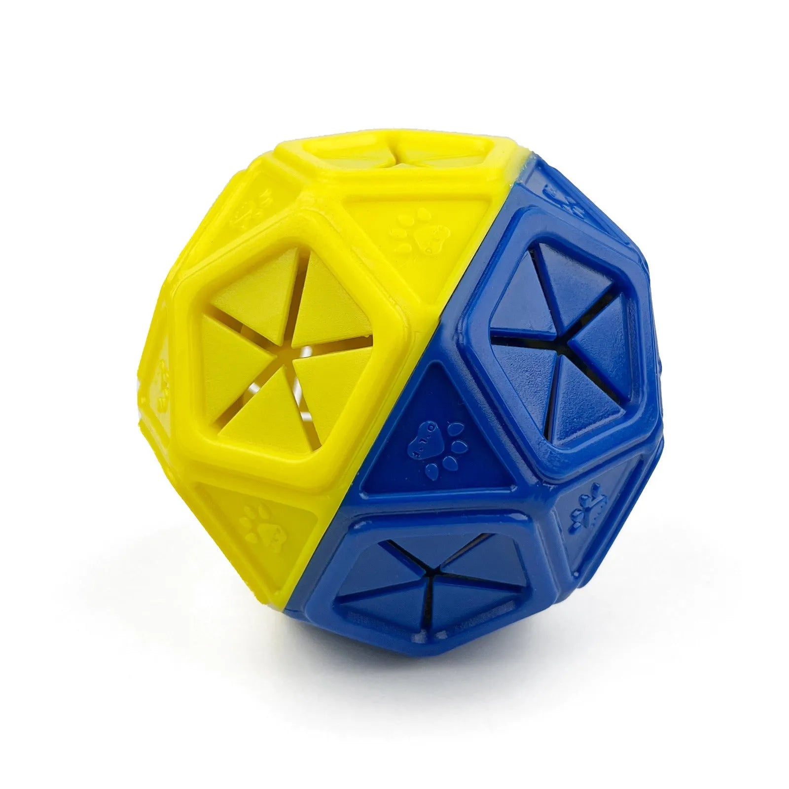 Blue soft rubber hollow dog toy ball for treat dispensing and interactive play.