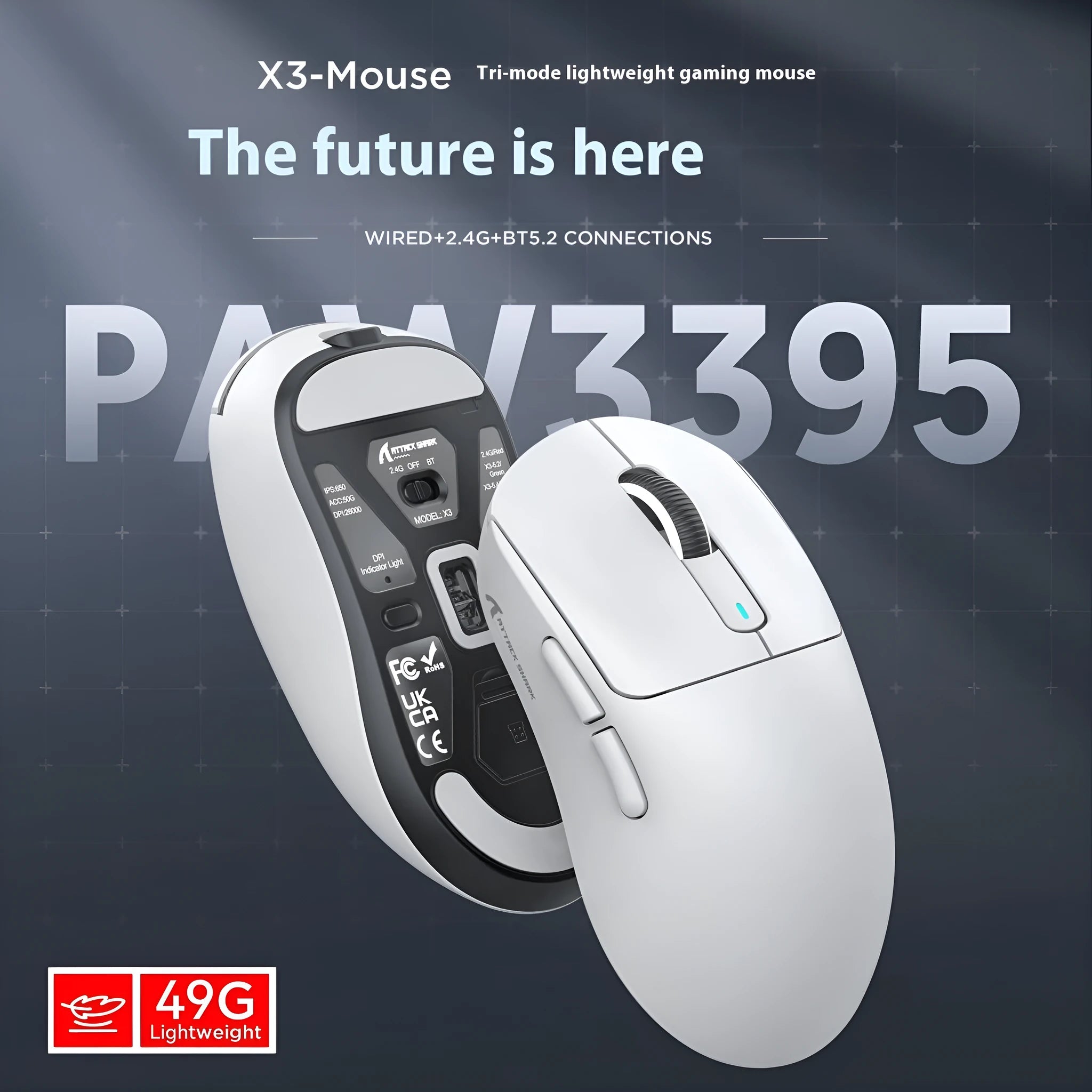 Attack Shark red three-mode rechargeable mouse with USB receiver and parachute cord