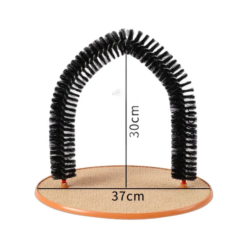 Black cat arch brush scratching post with attached plush mouse toy on non-slip base