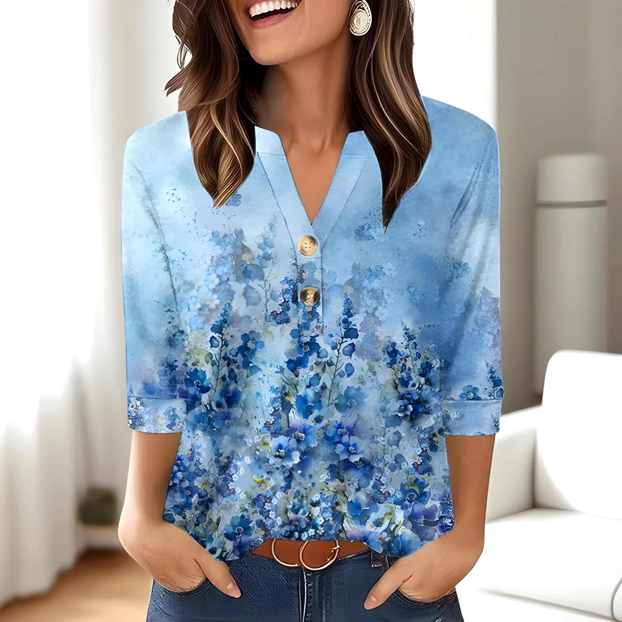 Women's loose-fit casual V-neck top with a colourful 3D pattern print.