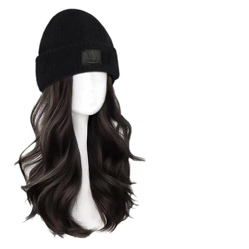 Hat wig for women with integrated cap, large head size, protein filament, big wave style, Brown Black and Cold Brown colours