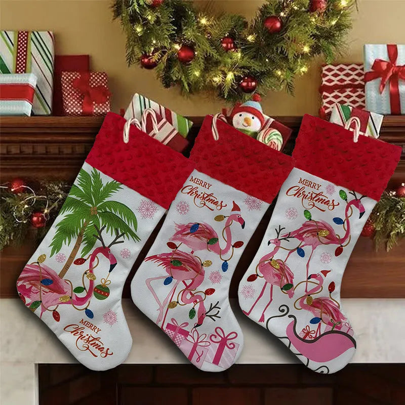 Flamingo-shaped cloth Christmas stocking decoration measuring 46 by 28 cm in American style