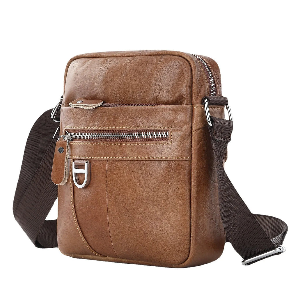 Brown genuine cattle leather messenger bag for boys with sewing line detailing, 8 inch size