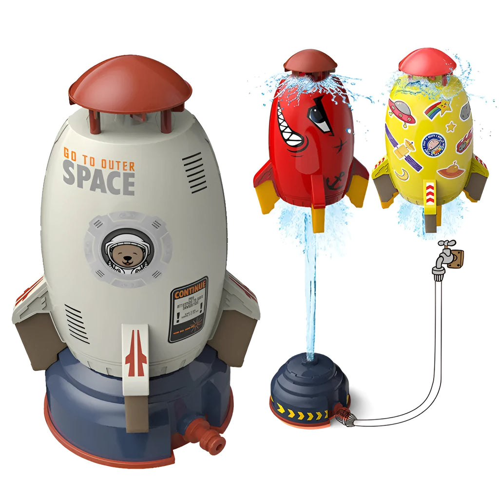 Yellow water pressure rocket launcher toy with base and interface connectors for outdoor garden play