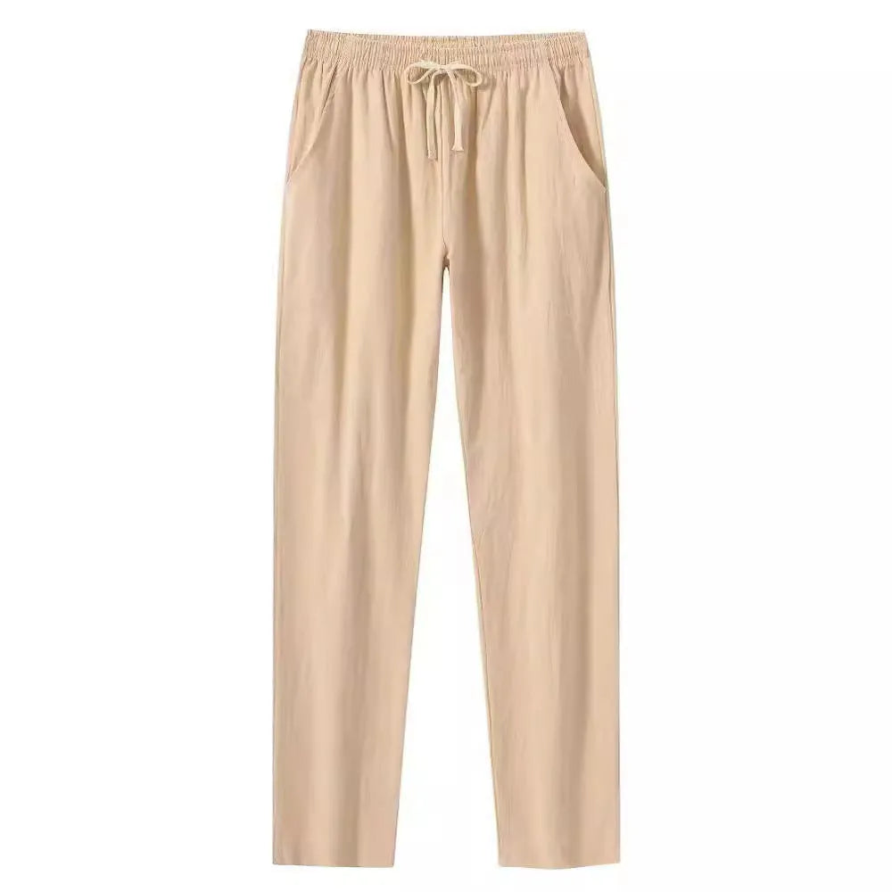 Men's cotton and linen loose casual beach trousers in solid colours