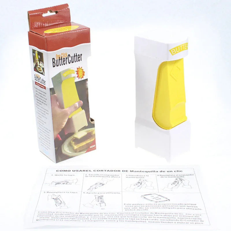 Yellow butter cutter with stainless steel blades for portioning standard butter bars