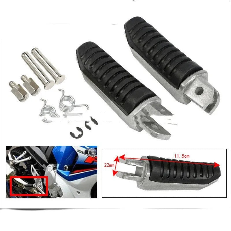 Black aluminium alloy motorcycle footpegs set for Suzuki Hayabusa, V-Strom, and GSX models.