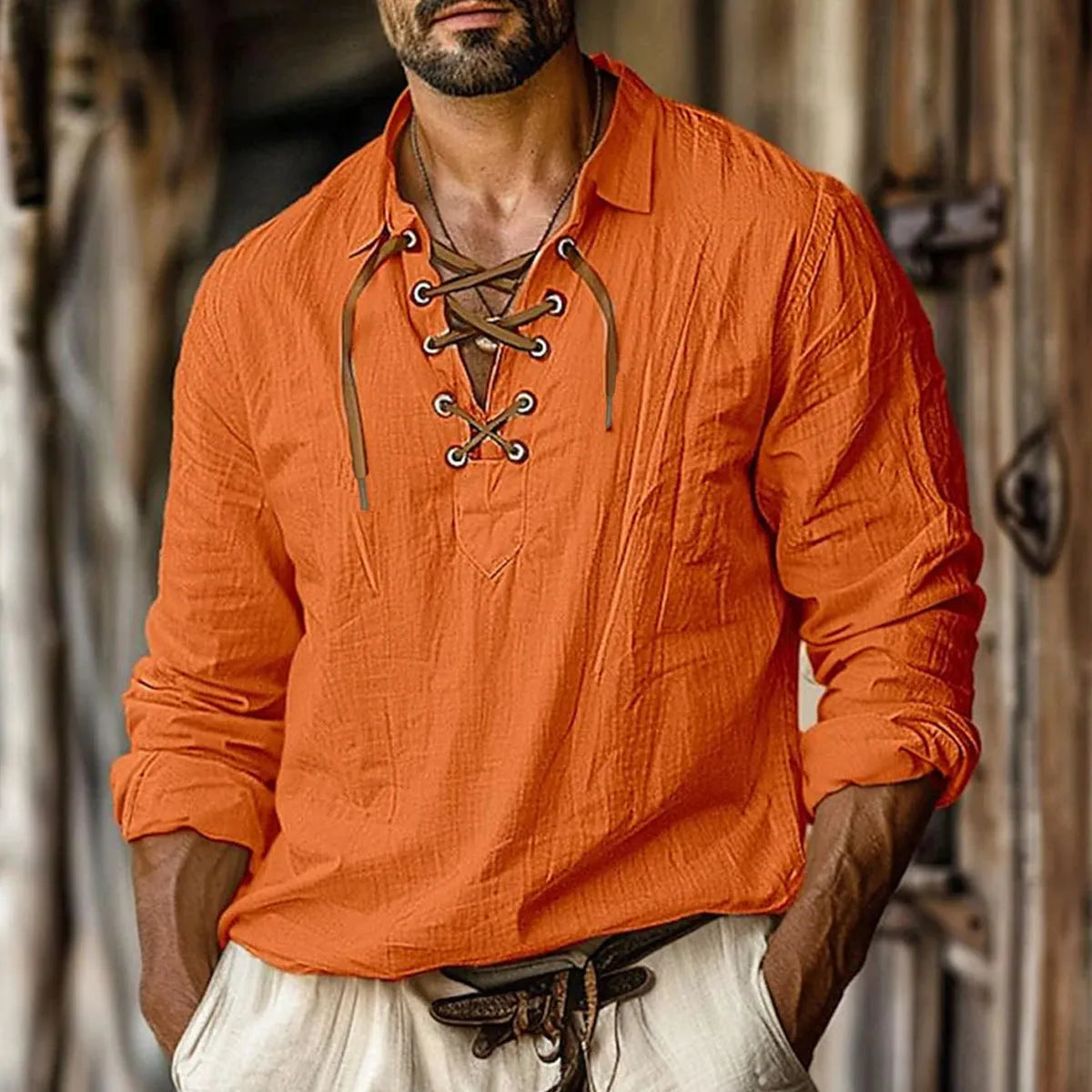 Men's blue plus size loose fit linen shirt with a lapel collar featuring white lace detail.