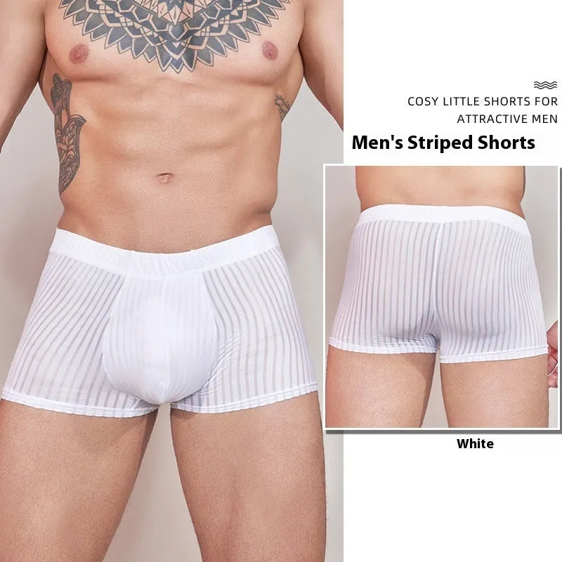 Men's striped nylon underwear in black, shown laid flat.