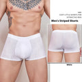Men's striped nylon underwear in black, shown laid flat.