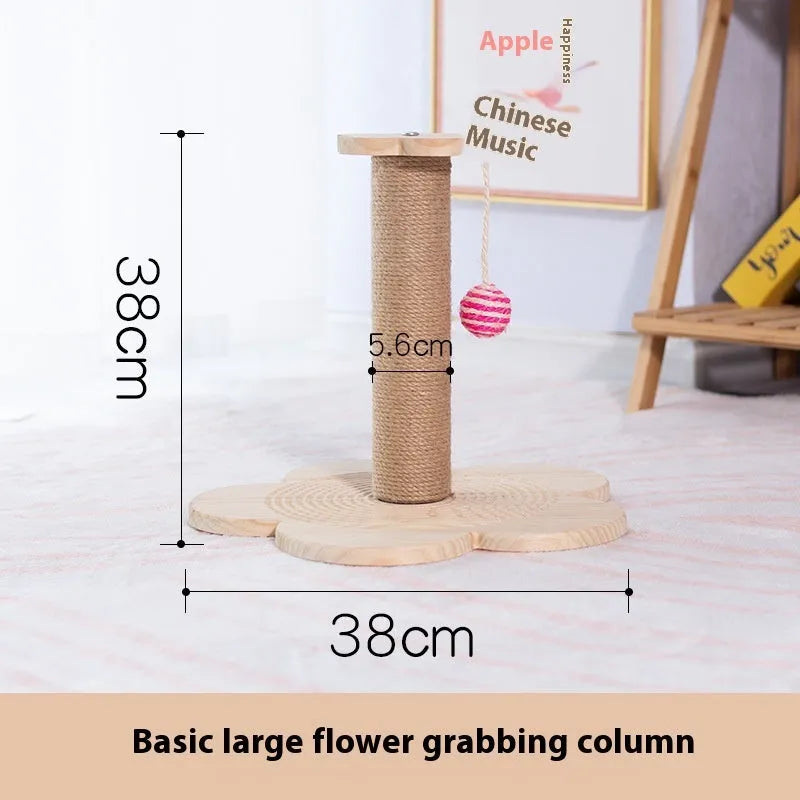 Solid wood cat scratching post with a central rotating turntable in a natural finish.