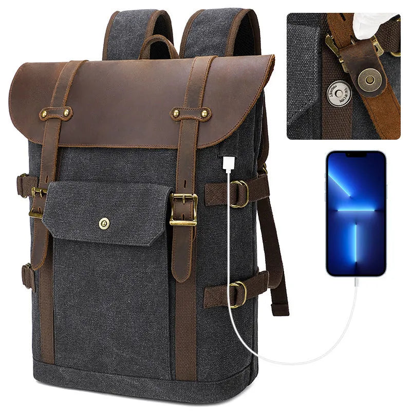 Canvas backpack with USB charging port in army green colour with contrast detailing