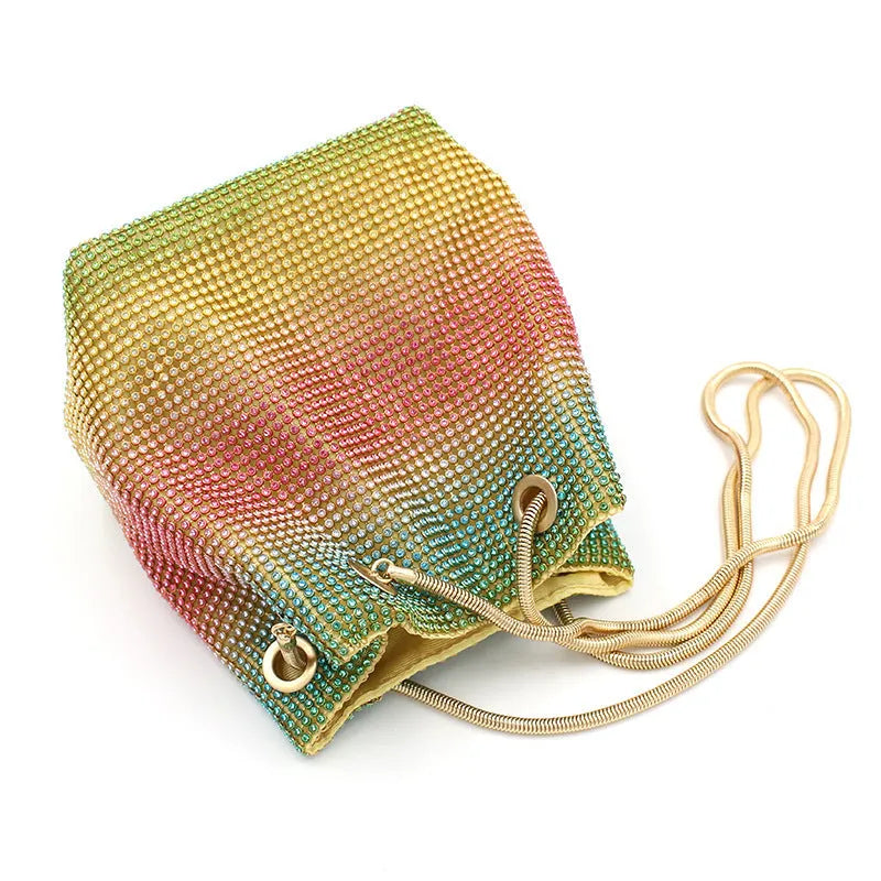 Rhinestone bucket bag in net red rainbow colours with a sparkle texture and soft construction