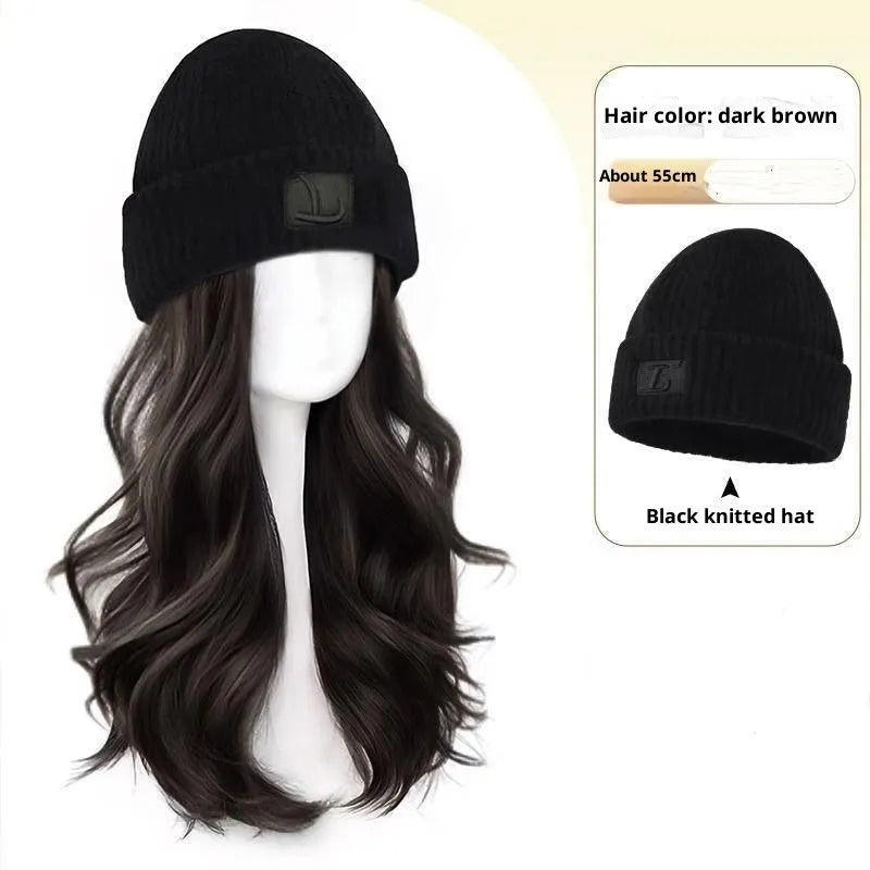 Hat wig for women with integrated cap, large head size, protein filament, big wave style, Brown Black and Cold Brown colours