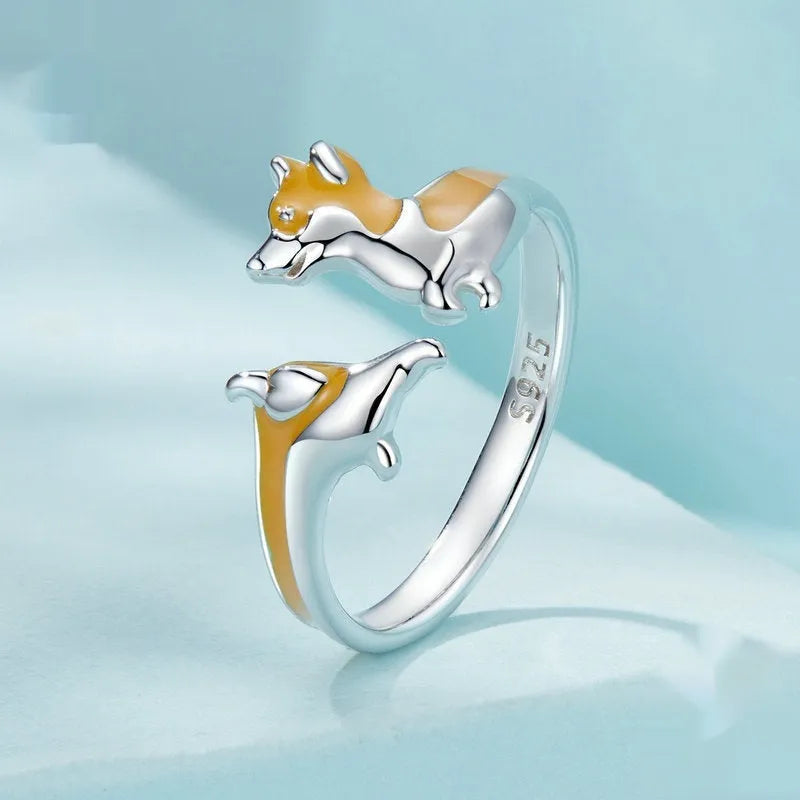 Silver cartoon corgi dog ring with electroplated SCR1014-E colour finish for women