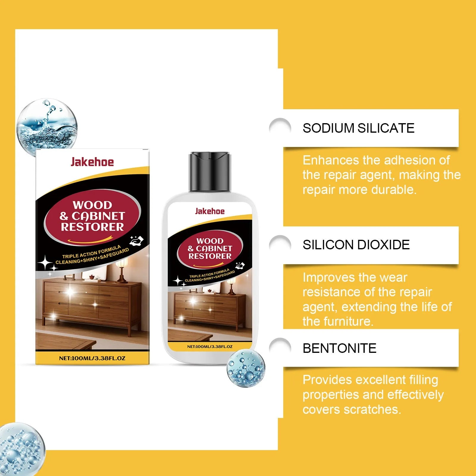 Wooden furniture scratch care solution kit with 100ml bottle and 20x20cm cleaning towel