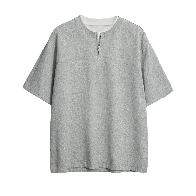 Women's loose zip false two-piece patchwork top in cotton blend fabric solid colours