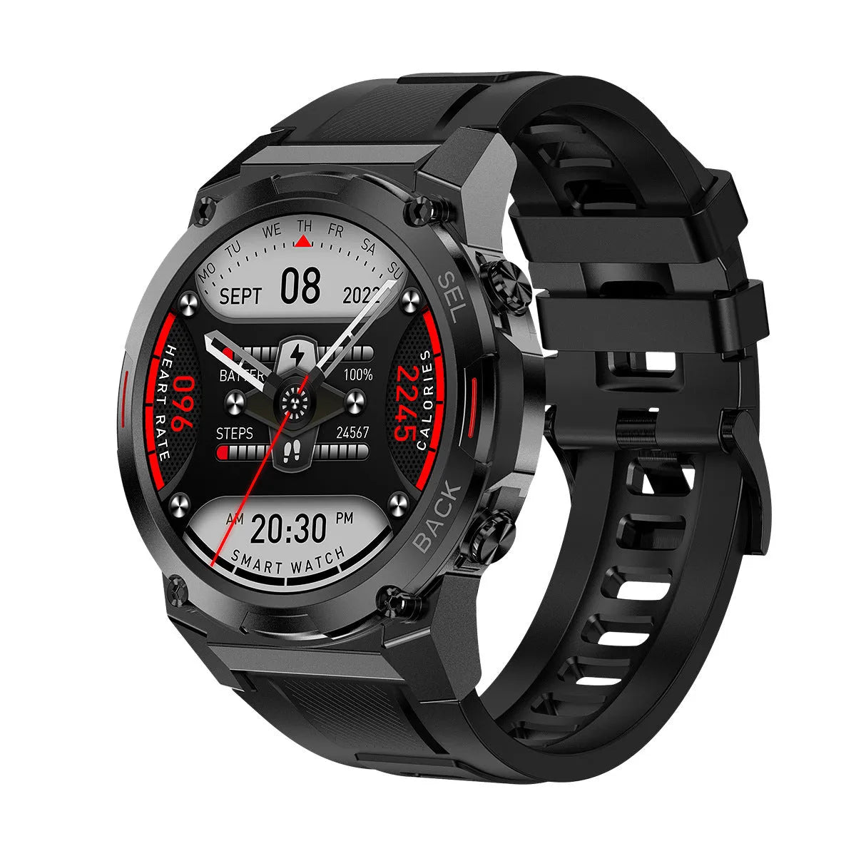 Anti-fall IP68 waterproof NFC smart watch with 143-inch AMOLED screen in black showing health metrics