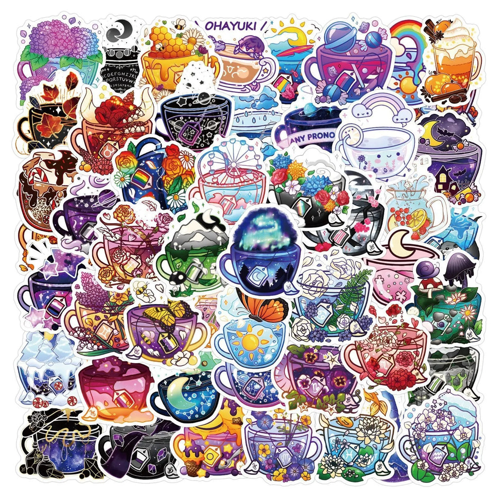 Colourful tea cup design waterproof stickers in Nordic style, set of 50 pieces for luggage and scooter decoration.