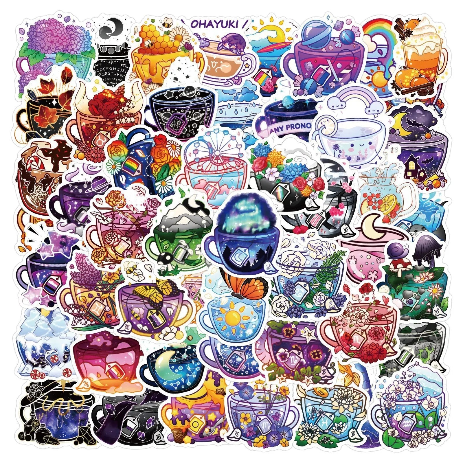 Colourful tea cup design waterproof stickers in Nordic style, set of 50 pieces for luggage and scooter decoration.
