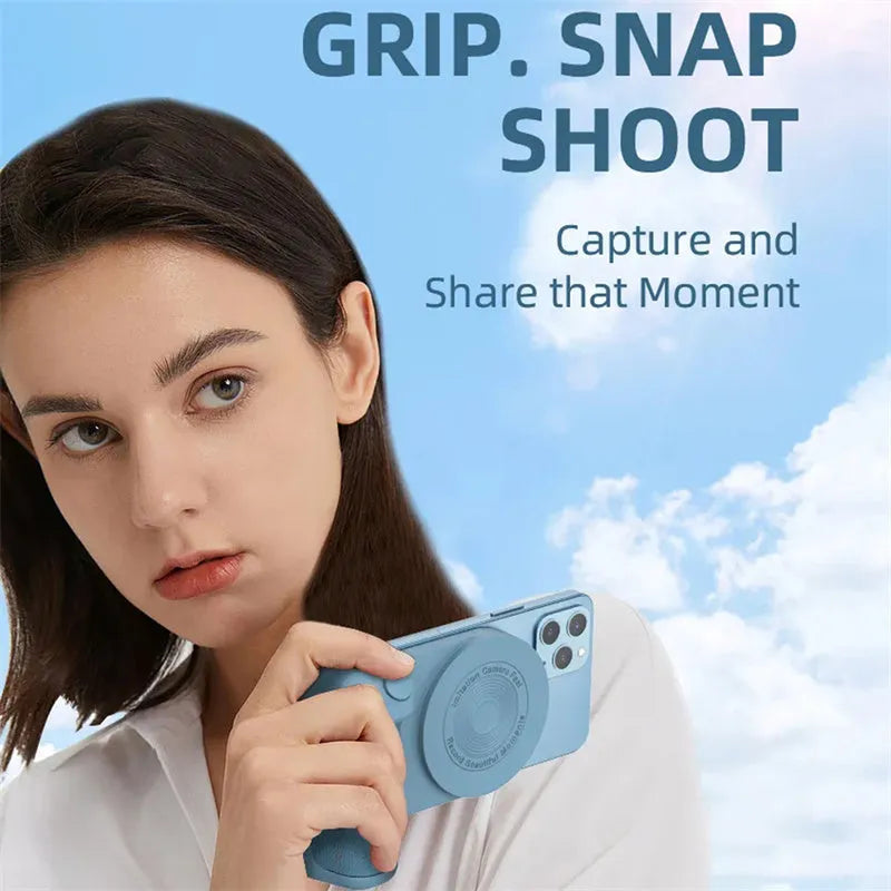 Black magnetic phone camera grip holder with rotatable bracket on a table.