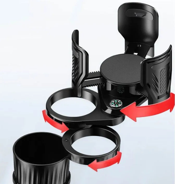 Black ABS car cup holder with retractable arms showing adjustable drink stabilisation mechanism