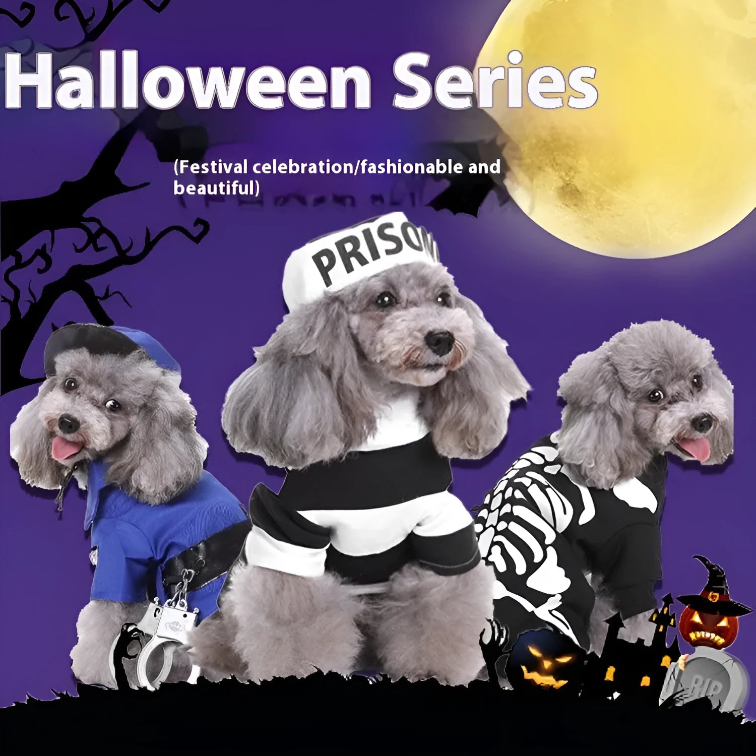 Pet costume collection showing 18 different designs for cats and dogs in polyester cotton fabric