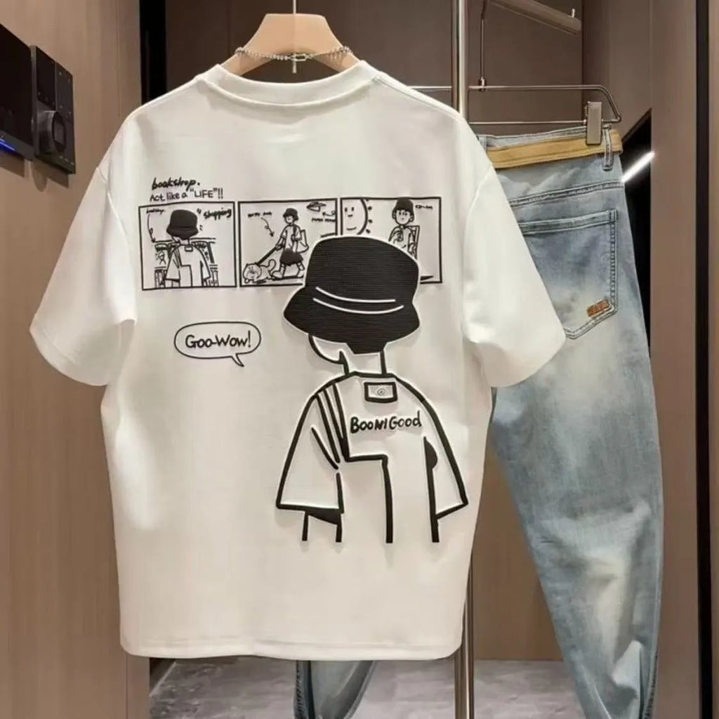 Men's slim fit cartoon print T-shirt in pure cotton fabric, shown in black colour with short sleeves