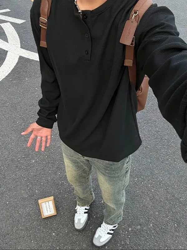 Men's loose pullover round neck long sleeve shirt jacket in black, chemical fibre blend, size M-XXXL