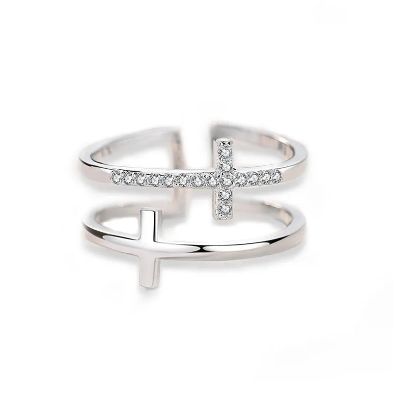 Women's adjustable double cross ring with copper base, sterling silver zircon inlay, and white gold electroplating