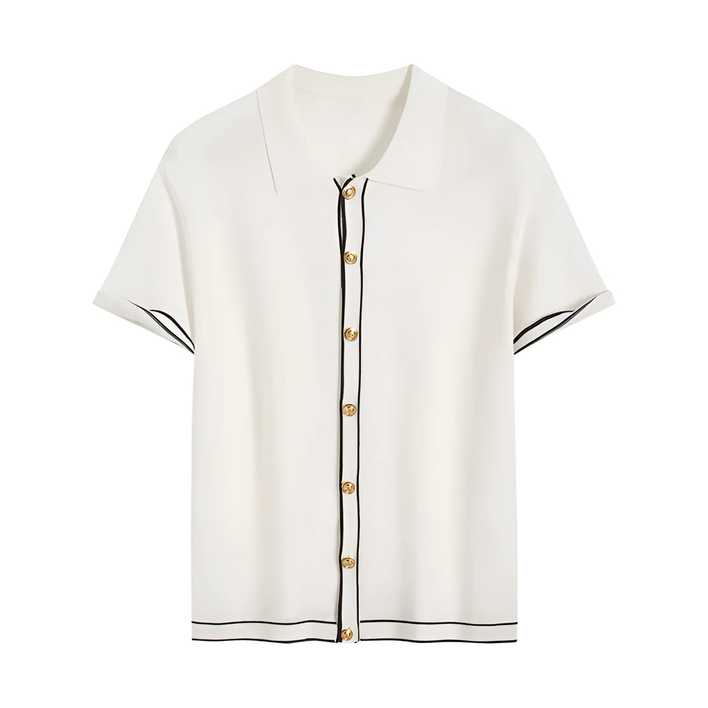 White short sleeve cardigan with dark contrast colour lapels on a hanger.