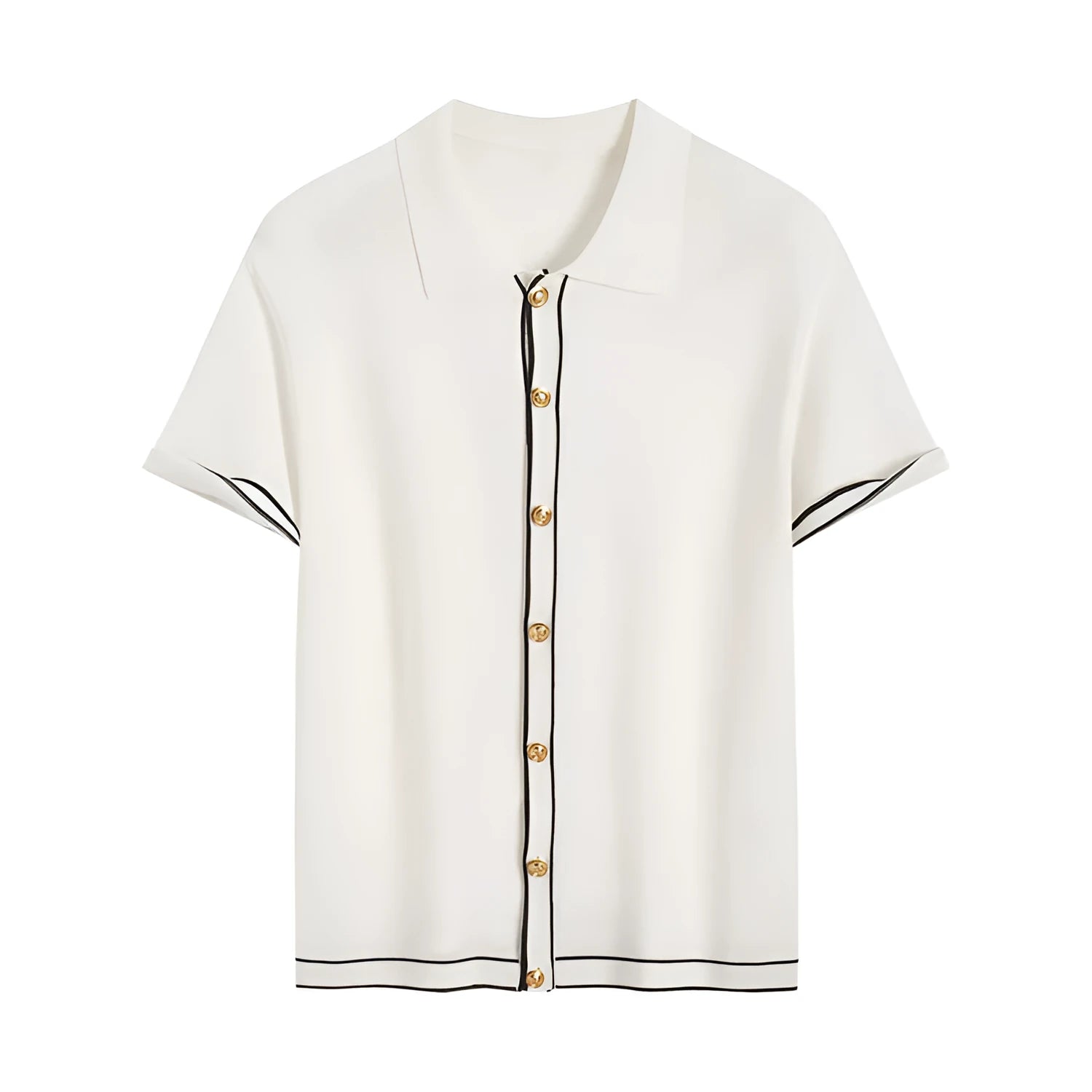 White short sleeve cardigan with dark contrast colour lapels on a hanger.