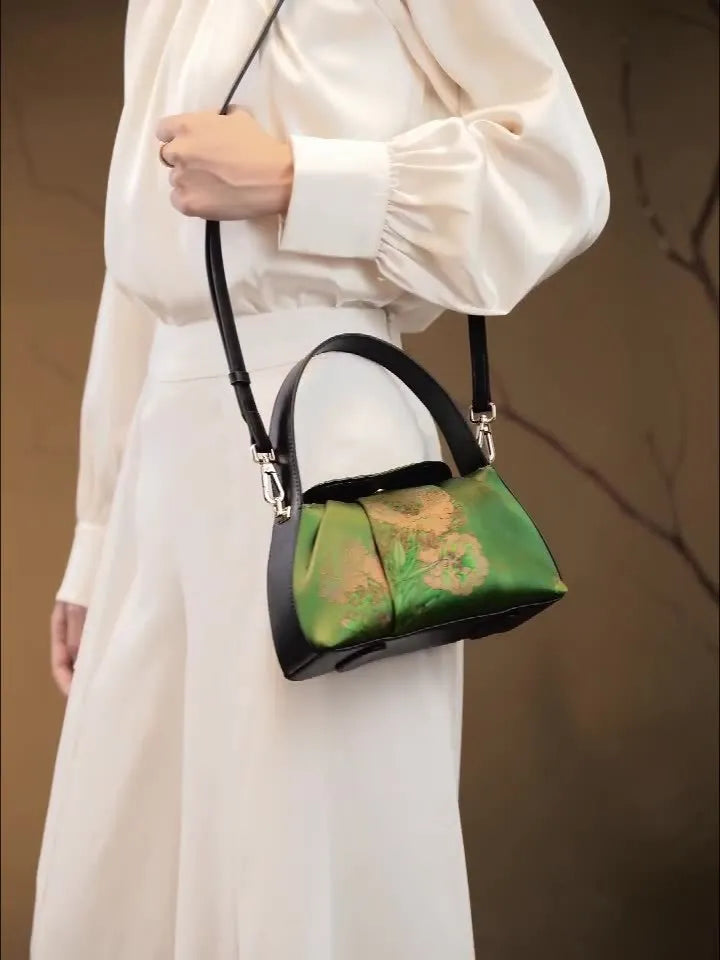 New Chinese style silk hand-held crossbody bag with Xiangyun yarn print in dark green