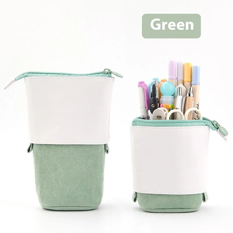 Korean-style telescopic stationery case in corduroy fabric showing expandable design