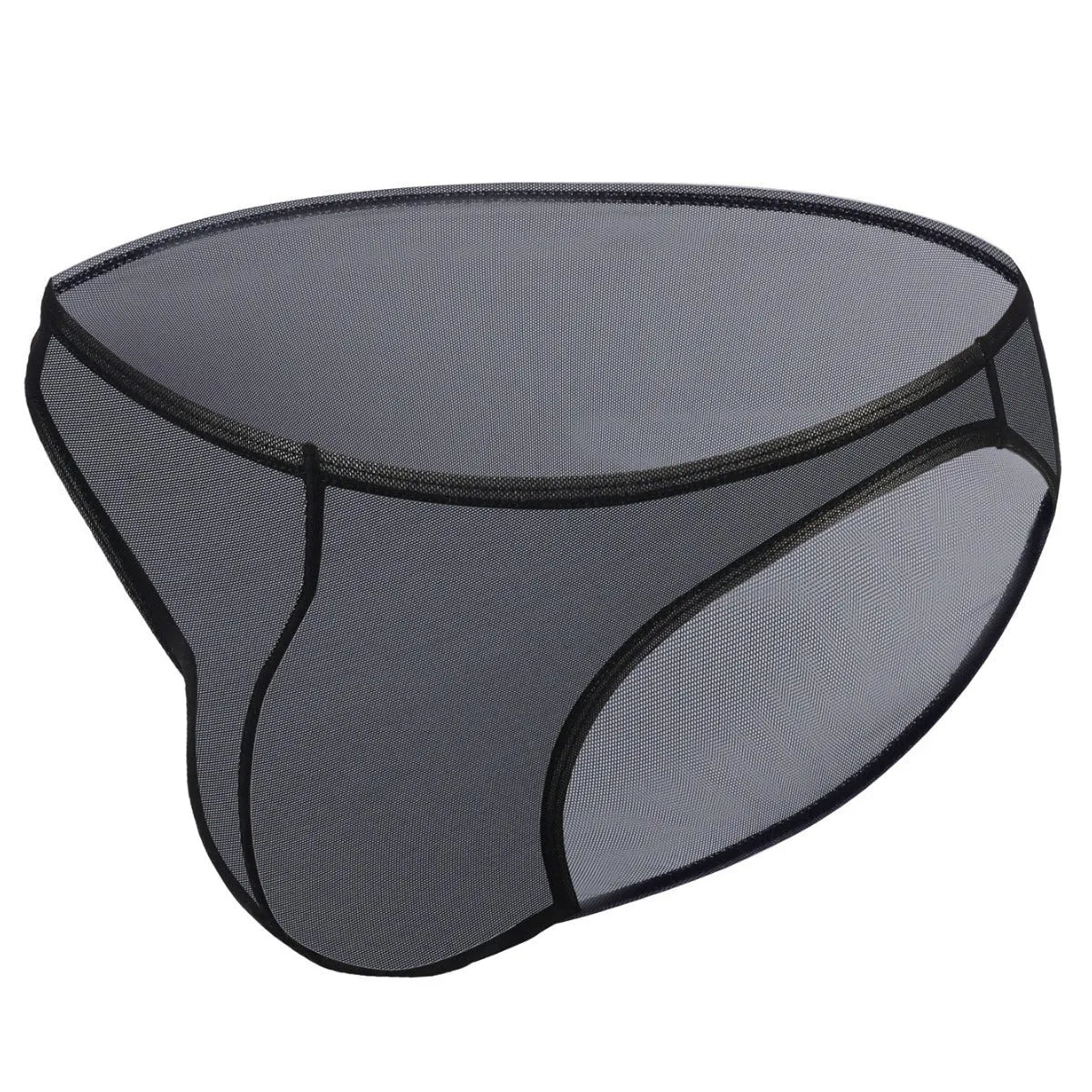 Men's black nylon ice silk low-rise briefs on a white background.