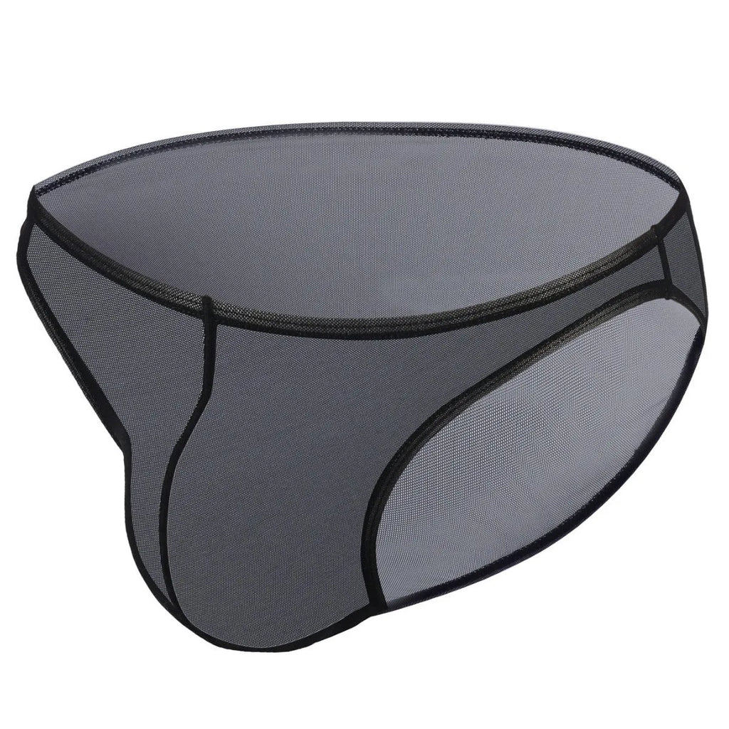 Men's black ice silk low waist shorts with a triangle cut on a mannequin